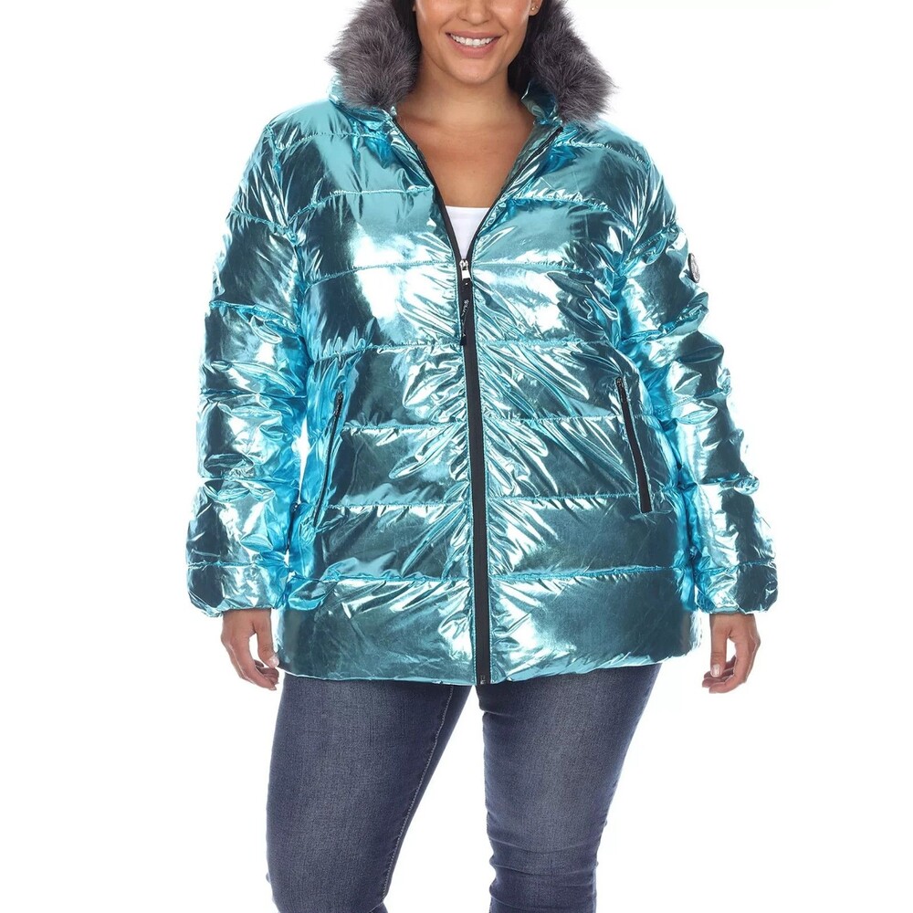 White Mark Women's Plus Size Metallic Puffer Coat with Hoodie Mint Blue 3XL
